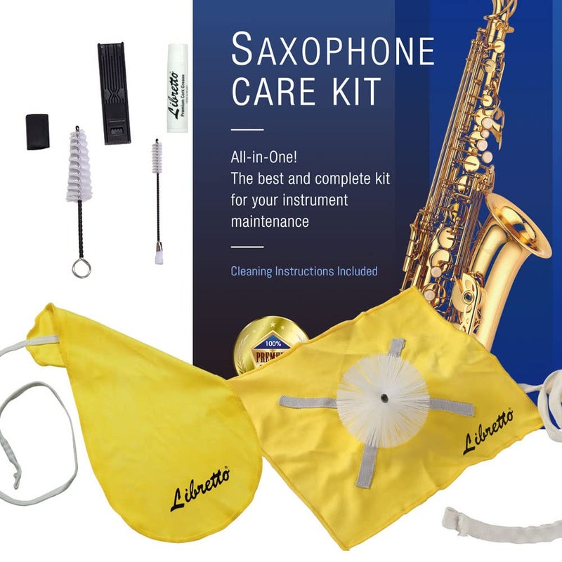 Libretto Alto Saxophone ALL-INCLUSIVE Giftable Care Kit: Mouthpiece Brush + Dust Brush + 2 Microfiber Cleaning Swab + Thumb Cushion + Premium Cork Grease + Reed Case, Handy Case, Extend Life of Sax! - Image 1